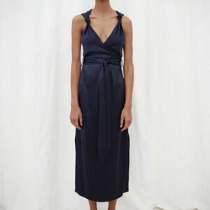 Nanushka Shanti Knot Detail Satin Midi Dress Sleeveless Wrap Navy Blue Size S